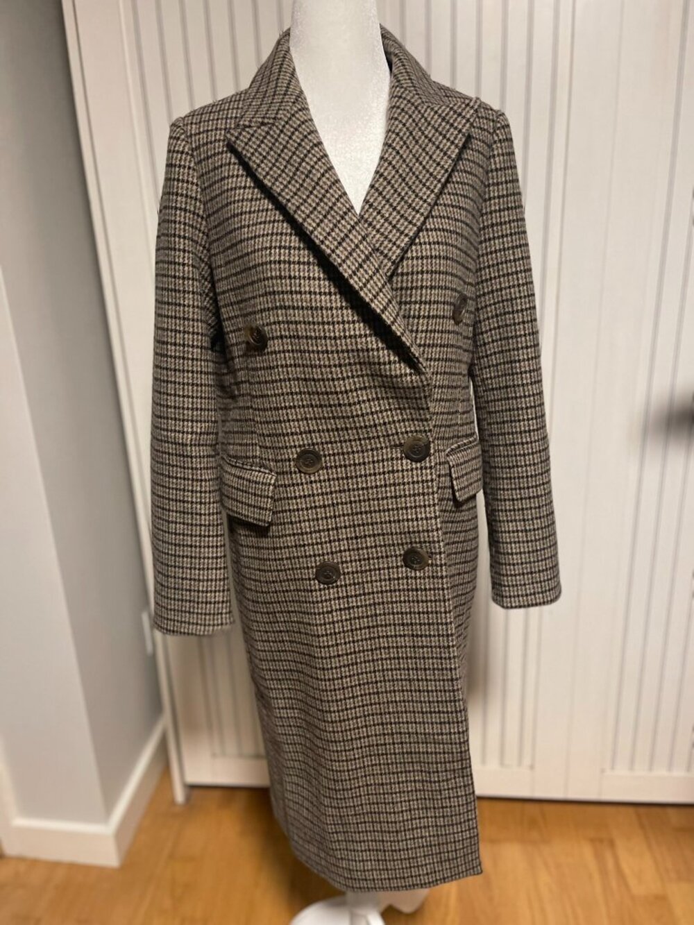 ZIO SONGZIO Brown Houndstooth Wool 55% Double Breasted Long Coat size 2-4 US